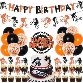 Bike Birthday Party Decorations Orange and Black Bicycle Motocross Party Decorations - BMX Happy Birthday Banner Bike Cake Topper Garland Balloons, Extreme Sports Party Supplies for Boys
