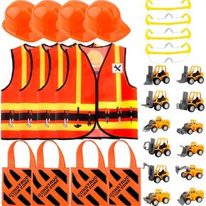 28 Pcs Kids Construction Costume Set Include 4 Construction Hat 4 Vest 12 Truck Toy for Halloween Supplies