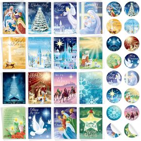 HOWAF 16pcs Religious Christmas Cards with Envelopes Stickers, Holy Nativity Scene Greeting cards Jesus Christmas Gift Cards Joy to the World Gift Cards for Holy Xmas Favors for Families Friends