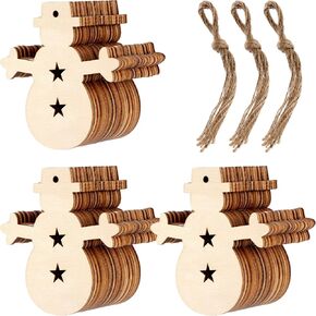 Patelai 30 Pieces Wooden Snowman Cutouts Wood Snowman Ornaments with Holes and 30 Pieces Natural Twine for Christmas Tree Decoration Crafts