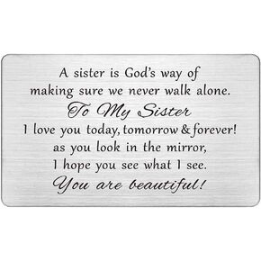 FALOGIJE Sister Gifts from Sister - Permanent Engraving Wallet Card, A Sister is God's Way of Making Sure We Never Walk Alone, Gifts for My Little Old Sister, Birthday, Mother's Day