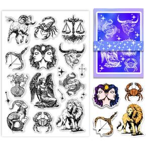 PH PandaHall Twelve Zodiac Signs Clear Stamps, Star Rubber Stamps Transparent Silicone Seals Stamp for Paper Crafting Handmade Crafts Scrapbooking Supplies Arts Crafts, 8.2x5.8inch