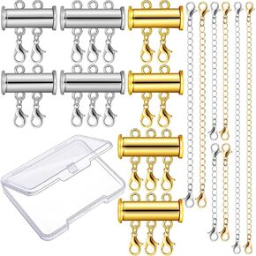 Junkin 12 Pieces Necklace Layering Clasp Multiple Necklace Connector Slide Clasp and Closures Multi Strand Slide Tube Separator Lock Connector for Women with Bracelet Chain Extender Box (Gold, Silver)