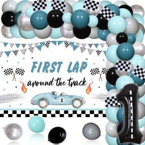 Race Car First Birthday Party Decorations, Vintage Fast One Birthday Decorations for Boys - First Trip Around the Track Backdrop, Retro Let's Go Racing Balloon Garland Kit