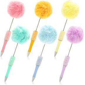 6Pcs Pompom Rhinestone Beadable Pen 6 Pastel Colors Fuzzy Plastic Bead Ballpoint Pen Multicolor Fluffy Beaded Writing Pen for DIY Craft Office Supplies