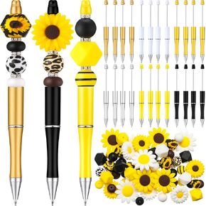 Colarr 24 Pcs Plastic Beadable Pens Bead Pens Leopard Print Sun Flower Silicone Beads Pens 50 Spacer Beads DIY Black Ink Ballpoint Pen for Women Office Craft(Sunflower)