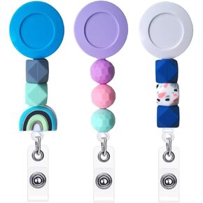 3PC Silicone Bead Retractable Badge Holders for Nurse & Teacher | Cute Beaded Boho Name ID Badge Reel Holder Alligator Clip Pediatric Nurses Nursing Clips (A (White, Lavender, Baby Blue))