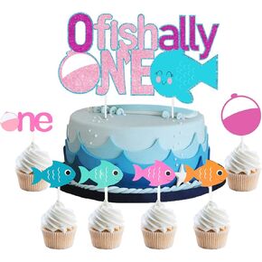 Ofishally واحد كعكة الزينة 25 جهاز كمبيوتر شخصى للفتيات الوردي - ذهب الصيد كعكة توبر لصيد الأسماك لوازم حفلة عيد ميلاد الأول، وكبيرة عيد ميلاد موضوع الصيد كب كيك القبعات العالية