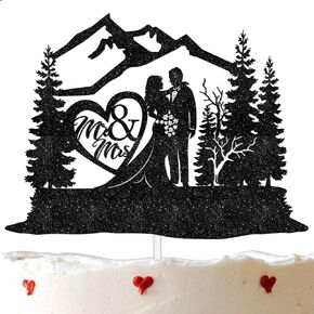 Black Glitter Engaged Cake Topper Cheer to Mr Mrs Forest Wedding Theme Decor Supplies Engagement Bachelor Anniversary Party Decorations