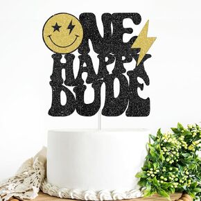 One Happy Dude Cake Topper Smiley Face Cake Decor for 1st Birthday Party Supplies Boys One Year Old Birthday Baby Shower Gender Reveal Party Decoration Cake Picks