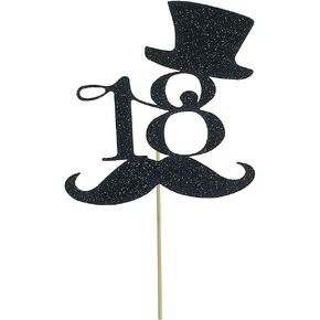 Black Glitter Numbers 18 - Happy 18th Birthday Cake Topper - 18th Birthday Party Decorations - Top Hat and Man Mustache