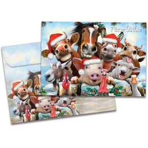 Tree-Free Greetings - Season's Greeting Cards - Artful Designs - 10 Cards + Matching Envelopes - Made in USA - 100% Recycled Paper - 5 x 7 - Horsing Around (HB93243)