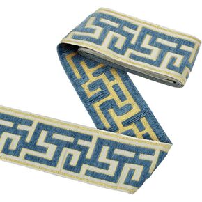FINGERINSPIRE 3.3 Yards Embroidered Drapery Trim 3-1/2" Wide The Great Wall Grid Curtain Trim Tape Polyester Blue Chenille Drapery Trim Geometric Jacquard Ribbon for Drapes Curtain Banding Trim Tape