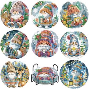 askkqtx 8 Pcs Christmas Diamond Painting Coasters Kits - Gnome 5D Diamond Painting Coasters DIY Diamond Art Coasters with Holder Non Slip Coaster Crystal Sticky for Tabletop Protection