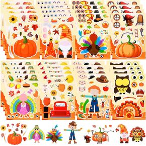 32 Sheets Thanksgiving Turkey Stickers for Kids Make a Turkey Face Stickers Pumpkin Fall Thanksgiving Party Games Favors for Kids (Thanksgiving)