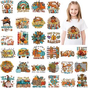 30 Pcs Thanksgiving Fall Iron on Transfers Pumpkin Turkey Iron on Decals Patches Heat Transfers Vinyl Western Sunflower Cute Blue Pumpkin Decals for Clothes Bag Covers DIY Decorations