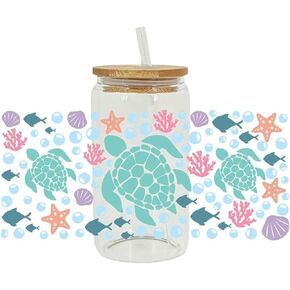 Green Turtle UV DTF Transfer Sticker for 16OZ Glass Cups,Ocean UV DTF Cup Wrap Transfer Cup Stickers Clear Film Transfer Paper Mug Stickers Waterproof DIY Rub on Transfers for Crafts Decals