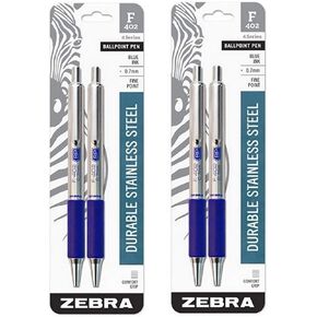 (2) Zebra F-402 Ballpoint Stainless Steel Retractable Pen, Fine Point, 0.7mm, Blue Ink, 2-Count (29222)