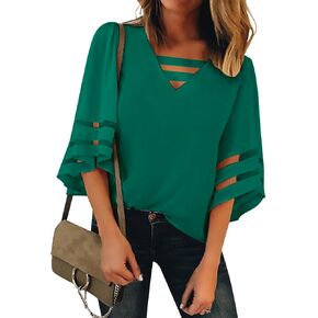 LookbookStore Tops for Women Trendy 2024 Dressy Casual V Neck Mesh Panel Blouse 3/4 Bell Sleeve Shirt
