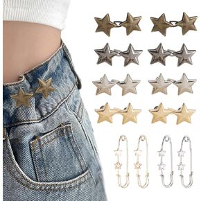 12 Set Star Pant Waist Tightener, Wsimily Adjustable Metal Buttons Pins for Loose Jeans No Sewing Reusable Instantiy Removable Pentacle Button for Pants Skirts Women Men