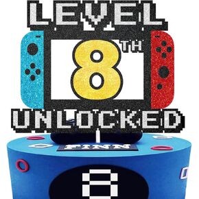 Level 8th Unlocked Cake Topper - Level 8th game Sign Theme Party Decorations 8th Birthday Level Up Cake Decorations for Video Game Themed Kids Boy Girl Party Supplies