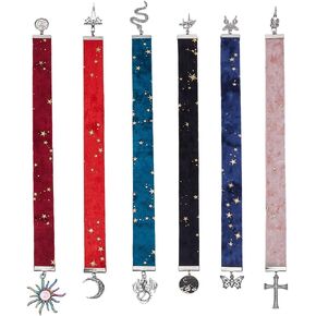 FINGERINSPIRE 6 PCS Velvet Ribbon Bookmark 14.7~16.4inch Long Metal Charm Page Marker Vintage Antique Bronze Charm Book Marker Dragon Snake Butterfly Sun Moon Sword Pattern Charms Bookmark