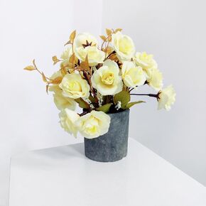 Artificial Flowers Mini Potted Plants, Antique Rose & Champagne Rose Red Eucalyptus + Paper Pulp Cylindrical Vase, Small Fake Plant Potted Decor for Offices, Bookshelf, Bedroom, Living Room, Party