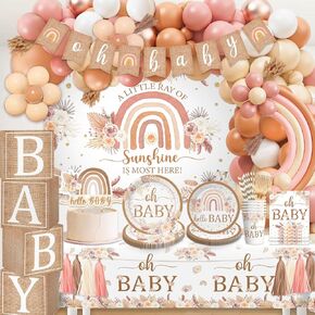 Boho Baby Shower Decorations, Little Ray of Sunshine Baby Shower Decorations for Girl, Boho Baby Shower Banner Balloons Plates and Napkins Tablecloth Decorations for Baby Shower Decorations Girl
