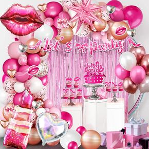 Let's Party Decorations Kit, Hot Pink Girl Party Decorations,Bachelorette Party Supplies for Girls,Hot Pink Girl Balloon Curtain Banner Cake Cupcake Topper for Pnk Girl Birthday Party Decorations Kit