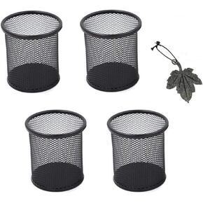 TSY TOOL 4 Pack 4" inch Black Round Cylinder Shape Mesh Pen Holder Metal Jumbo Pencil Cup Pen Organizer Medium Size - Bonus Leaf Bookmark