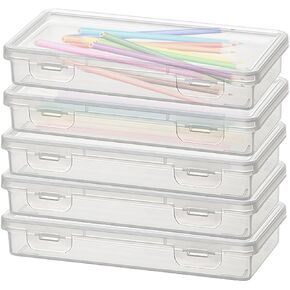 5 Pack Plastic Pencil Box with Snap-tight Lid, Large Capacity Pencil Boxes Clear Box Stackable Craft Organizer for Art Supply Office, Storage Organizer Box 7.48 x 3.7 x 1.2 Inch