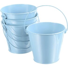 PATIKIL 4.7 Inch Colored Metal Buckets, 4 Pack Pencil Holder Buckets Round Metal Planter Pails Container with Handles for Classroom Crafts, Light Blue