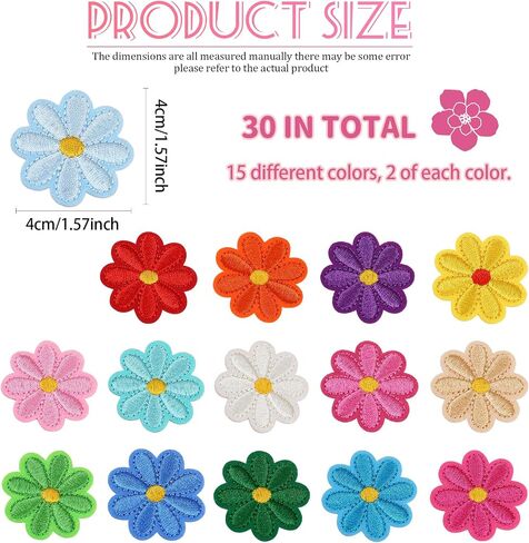 30 Piece Cute Flowers Iron on Patches, Wsimily Colorful Daisy Flower Embroidered Applique Sew-on Patches Decoration Patches Repair Patches DIY Craft Patches for Bags Skirts Hats Clothes in Saudi Arabia