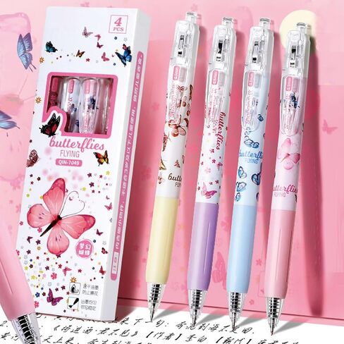 4 قطع من أقلام الجل اللطيفة القابلة للسحب، أقلام الفراشة الكرتونية، 0.5 مم، قلم كتابة بالحبر الأسود، أقلام المدرسة المكتبية للنساء والفتيات والرجال والأولاد (4 قطع فراشة) in Kuwait