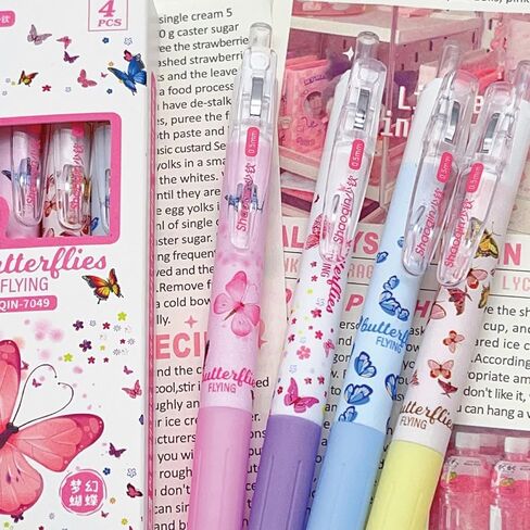 4 قطع من أقلام الجل اللطيفة القابلة للسحب، أقلام الفراشة الكرتونية، 0.5 مم، قلم كتابة بالحبر الأسود، أقلام المدرسة المكتبية للنساء والفتيات والرجال والأولاد (4 قطع فراشة) in Kuwait