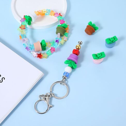 10Pcs Silicone Focal Beads, 3D Flower Pot Grass Silicone Accessories, Cute Loose Beads Leaf with Pot for DIY Keychains Bracelet Necklace Pens Lanyard Making DIY Craft in Saudi Arabia