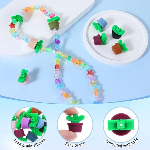 10Pcs Silicone Focal Beads, 3D Flower Pot Grass Silicone Accessories, Cute Loose Beads Leaf with Pot for DIY Keychains Bracelet Necklace Pens Lanyard Making DIY Craft in Saudi Arabia