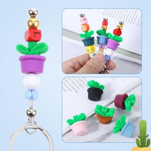 10Pcs Silicone Focal Beads, 3D Flower Pot Grass Silicone Accessories, Cute Loose Beads Leaf with Pot for DIY Keychains Bracelet Necklace Pens Lanyard Making DIY Craft in Saudi Arabia