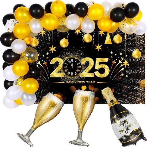 مجموعة ديكورات حفلات رأس السنة الجديدة السعيدة 2025 من Hanaive، 53 قطعة، مع لافتة خلفية رأس السنة الجديدة السعيدة، بالونات زينة لرأس السنة الجديدة، بالونات زجاجة الشمبانيا لعام 2025، لوازم حفلات ليلة رأس السنة الجديدة in Kuwait