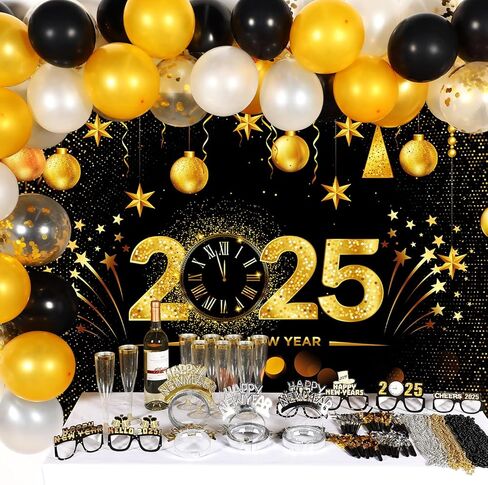 مجموعة ديكورات حفلات رأس السنة الجديدة السعيدة 2025 من Hanaive، 53 قطعة، مع لافتة خلفية رأس السنة الجديدة السعيدة، بالونات زينة لرأس السنة الجديدة، بالونات زجاجة الشمبانيا لعام 2025، لوازم حفلات ليلة رأس السنة الجديدة in Kuwait