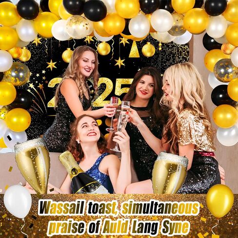 مجموعة ديكورات حفلات رأس السنة الجديدة السعيدة 2025 من Hanaive، 53 قطعة، مع لافتة خلفية رأس السنة الجديدة السعيدة، بالونات زينة لرأس السنة الجديدة، بالونات زجاجة الشمبانيا لعام 2025، لوازم حفلات ليلة رأس السنة الجديدة in Kuwait