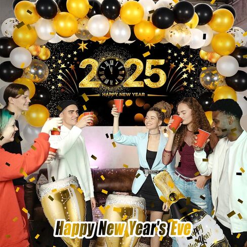 مجموعة ديكورات حفلات رأس السنة الجديدة السعيدة 2025 من Hanaive، 53 قطعة، مع لافتة خلفية رأس السنة الجديدة السعيدة، بالونات زينة لرأس السنة الجديدة، بالونات زجاجة الشمبانيا لعام 2025، لوازم حفلات ليلة رأس السنة الجديدة in Kuwait