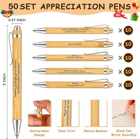 50 Sets Christmas Employee Appreciation Gift Pens Inspirational Bamboo Ballpoint Pen with Thank You Greeting Card Bulk for Winter Christmas Teacher Coworker Employee Volunteer Nurse Team in Saudi Arabia
