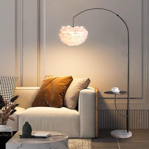 White Feather Floor Lamp with Table,Great Floor Light Height Adjustable (Gold) in Saudi Arabia