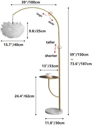 White Feather Floor Lamp with Table,Great Floor Light Height Adjustable (Gold) in Saudi Arabia