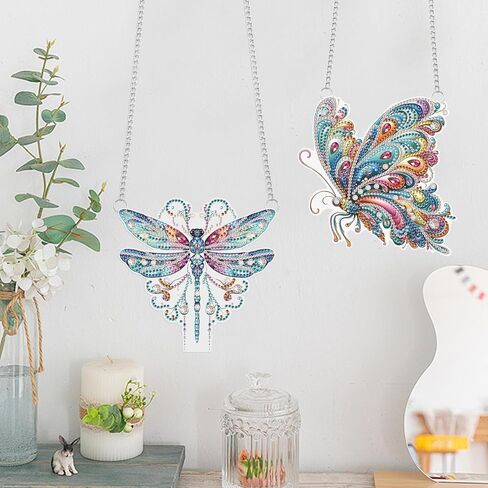 JISHSHAY 2 PCS Diamond Painting Pendant DIY Dragonfly Diamond Art Wind Chime Special Shaped Crystal Crystal Suncatcher Garden Wind Chimes Diamond Painting Hanging for Garden Wall Door Window Decor in Saudi Arabia