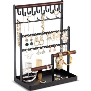 ProCase Jewelry Organizer Stand Necklace Holder Organizer, 3 Tier Height Adjustable Necklace Display for Extra Long Necklaces, Bracelet Holder Jewellery Rack with Wooden Tray Earring Holder -Black