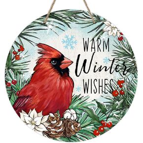 Deroro Welcome Winter Snowman Front Door Sign, Christmas Cardinal Bird Wood Door Hanger Outdoor Outside Porch Decor, Xmas Holiday Snowflake Wooden Wreath Indoor Wall Hanging Decoration