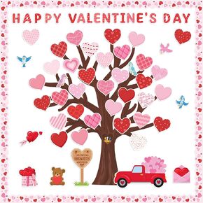 136Pcs Valentine’s Day Tree Bulletin Board Classroom Decoration Set Heart Bulletin Board Name Tags Hearts Tree Cutouts Chalkboard Wall Decor for Elementary School Home Valentines Supplies