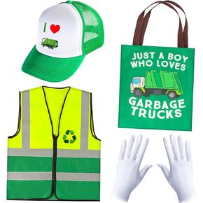 Kyson Kids Garbage Man Costume Kit Waste Management Dress Up Recycle Trash Vest Trucker Hat Gloves Bag for Career Day
